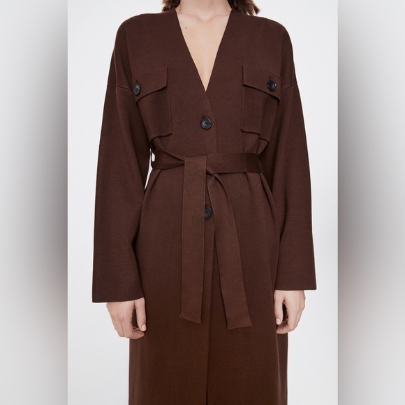 Zara Brown Knit Trench Coat with Belt - Picture 16 of 16